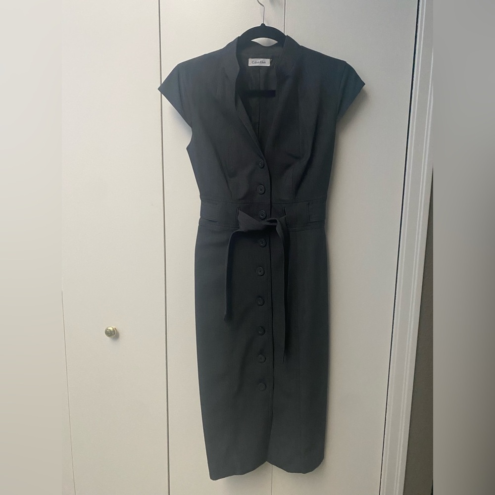 Calvin Klein Grey Button-Front Tie-Waist Midi Dress